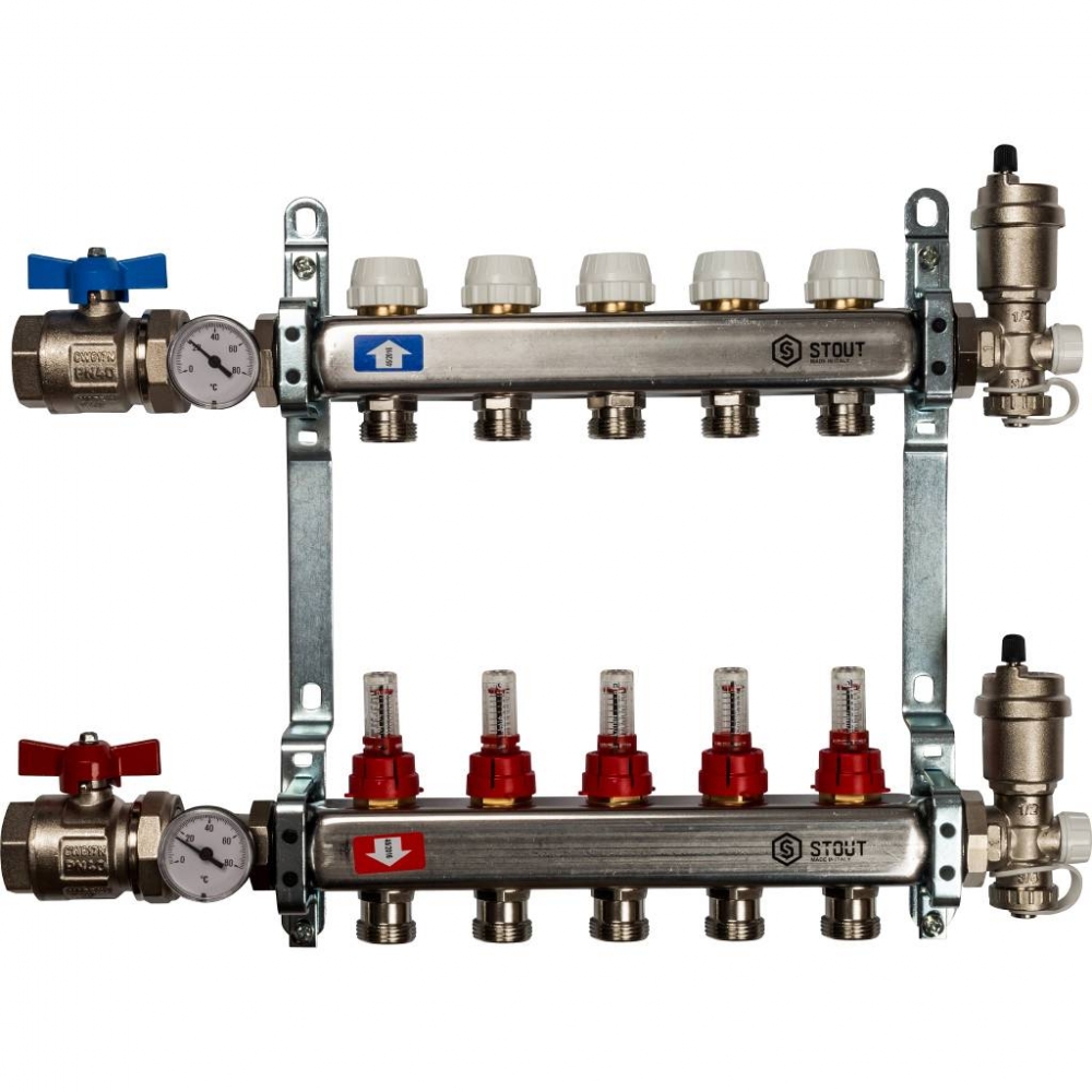 Коллектор из нержавеющей стали для систем напольного отопления с расходомерами на 5 выходо STOUT /1/